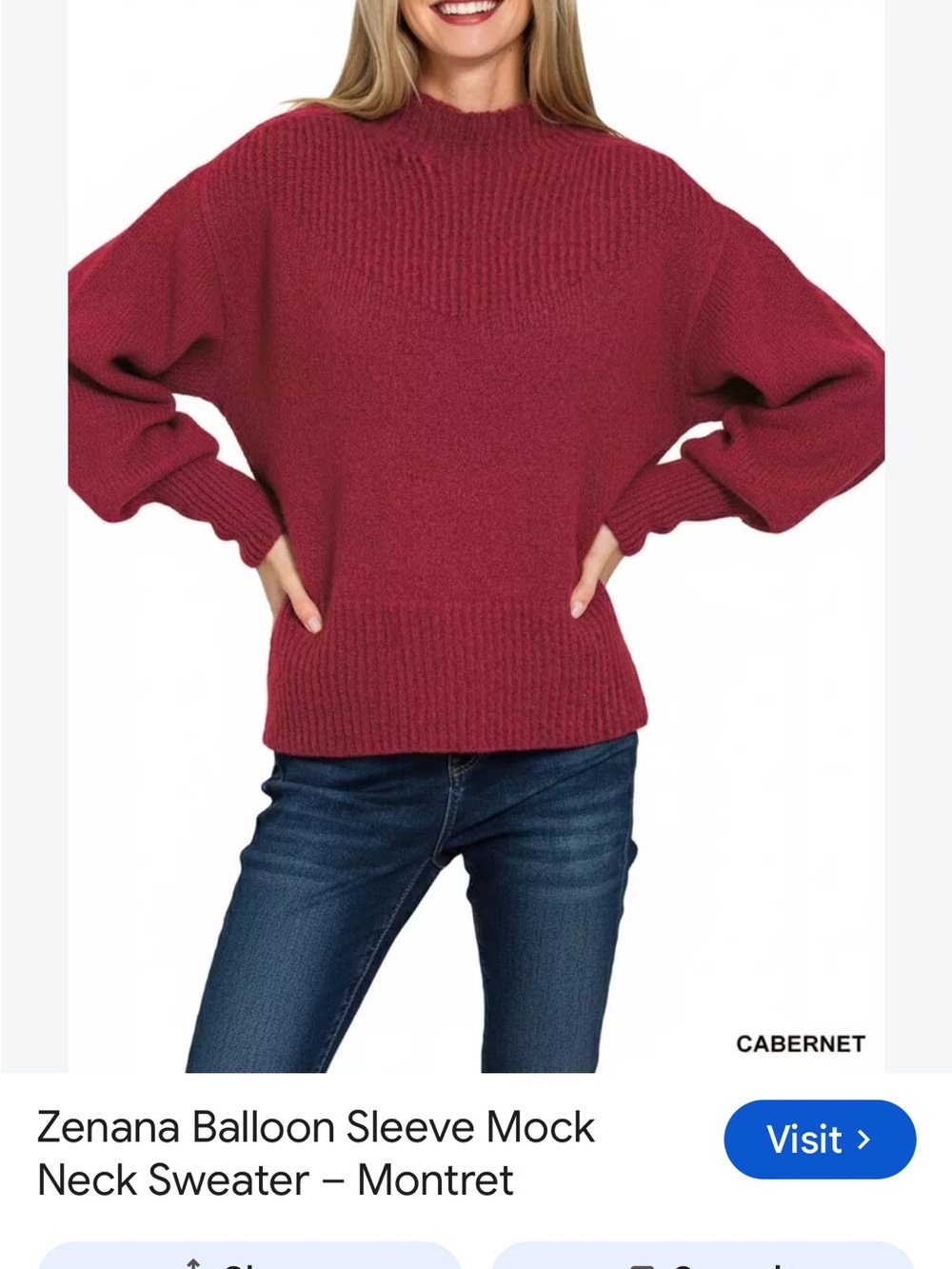 Zenana Outfitters Cabernet Balloon Sleeve Mock Neck Sweater